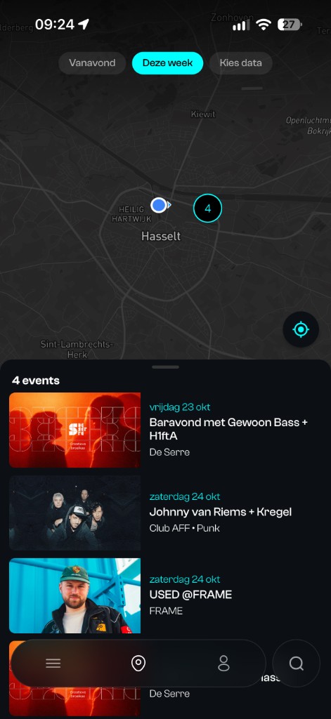 Kaart rond Hasselt, filter Deze week, met de lijst van avonden.