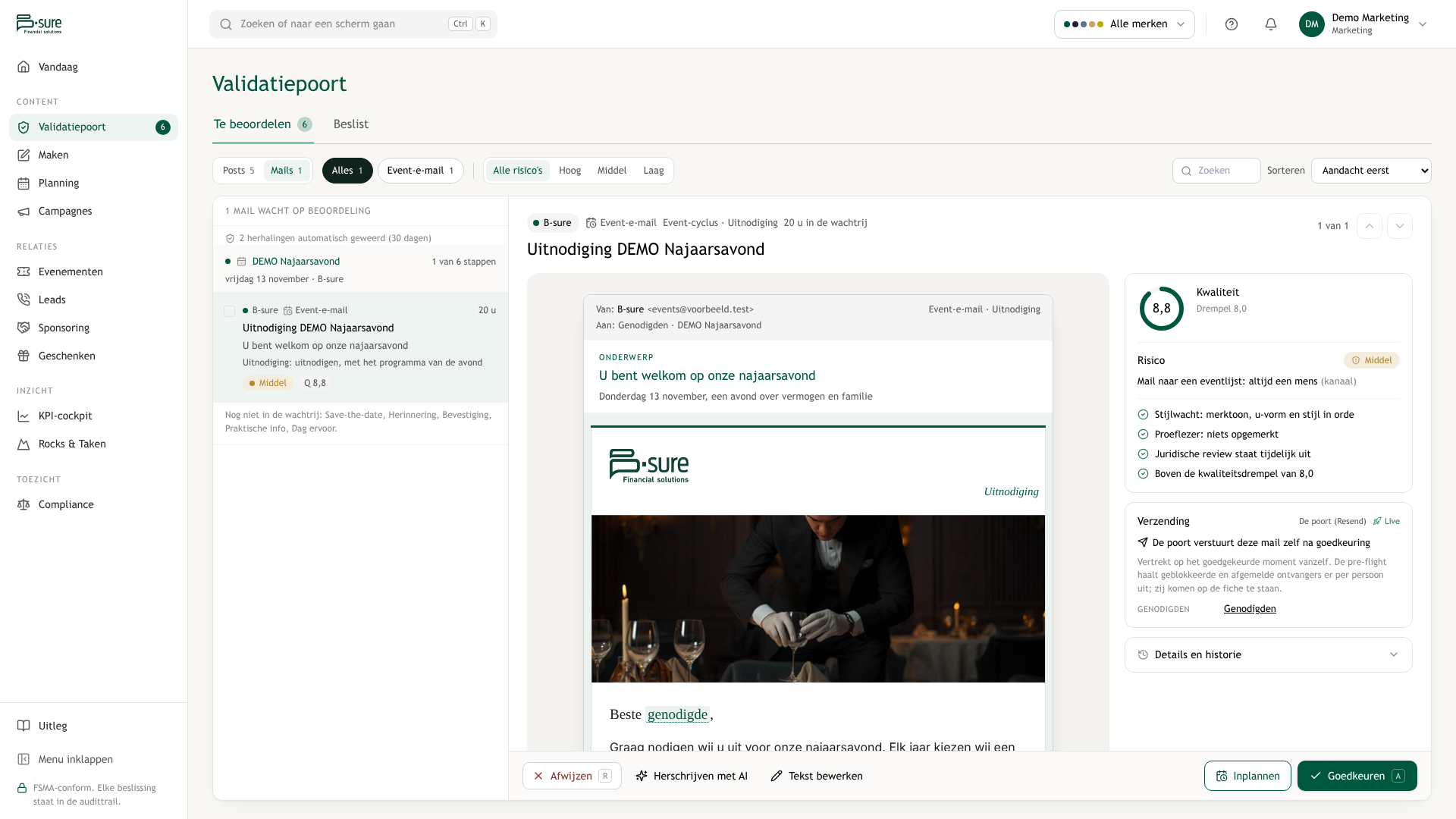 Een eventmail in de wachtrij, nog niet verzonden. Oefengegevens.