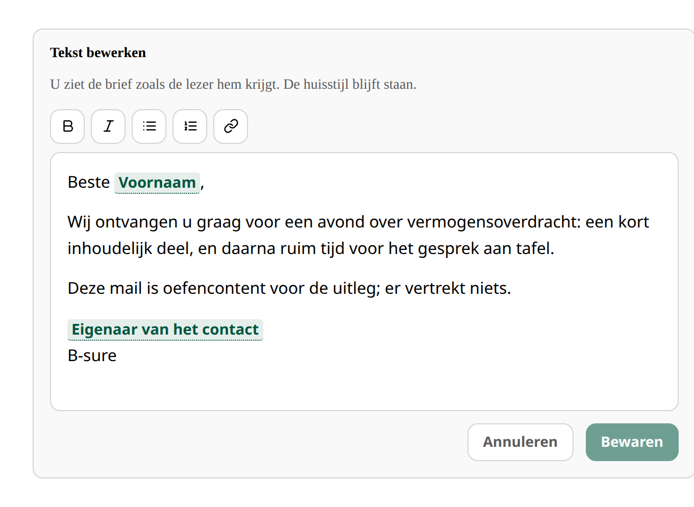 Het bewerkscherm van een mail in de Validatiepoort. Oefengegevens.
